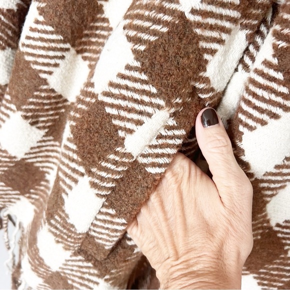 Pearl by Lela Rose Checked Wool-Blend Cape ONE Size Fringe brown belted - Picture 7 of 9